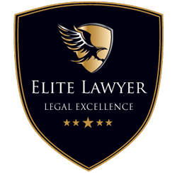 A black and gold shield-shaped logo featuring a stylized eagle head, the words "Elite Lawyer Legal Excellence," and five gold stars below the text.