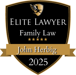 A black and gold shield badge reads "Elite Lawyer Family Law," with five gold stars, a gold banner with "John Herbig," and "2025" at the bottom, featuring an eagle logo at the top.