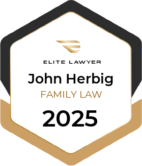 A badge with the text "Elite Lawyer," "John Herbig," "Family Law," and "2025," featuring a gold and black geometric design.