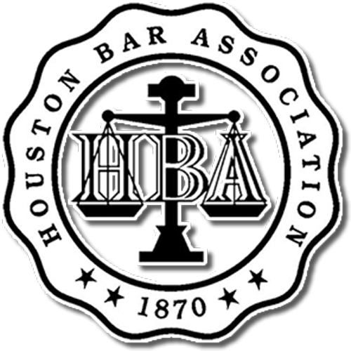 Circular black and white logo of the Houston Bar Association with a scales of justice symbol, “HBA” in large letters, and “Houston Bar Association 1870” around the edge.