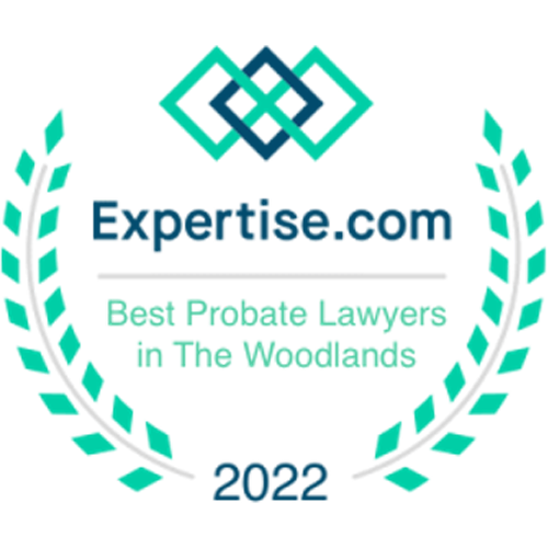 A badge with laurel leaves and geometric shapes reads, "Expertise.com Best Probate Lawyers in The Woodlands 2022.