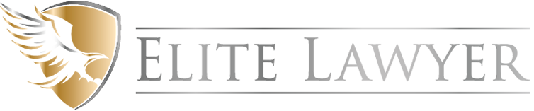 Logo for "Elite Lawyer" featuring a stylized golden eagle head and wing within a gold and gray shield to the left of the text "ELITE LAWYER" in uppercase gray letters with a horizontal line above and below.